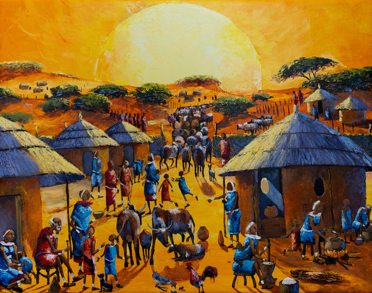 'Sunrise in the Massai Village' Handgemaltes Acrylgemälde