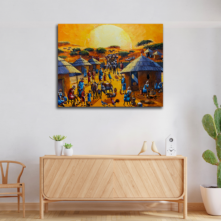 'Sunrise in the Massai Village' Handgemaltes Acrylgemälde