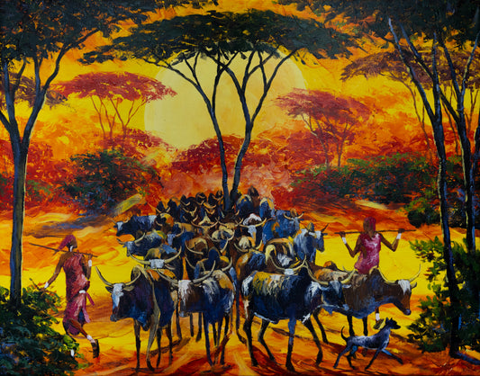 'Massai Herdsmen in The Savannah' Handmaltes Acrylgemälde