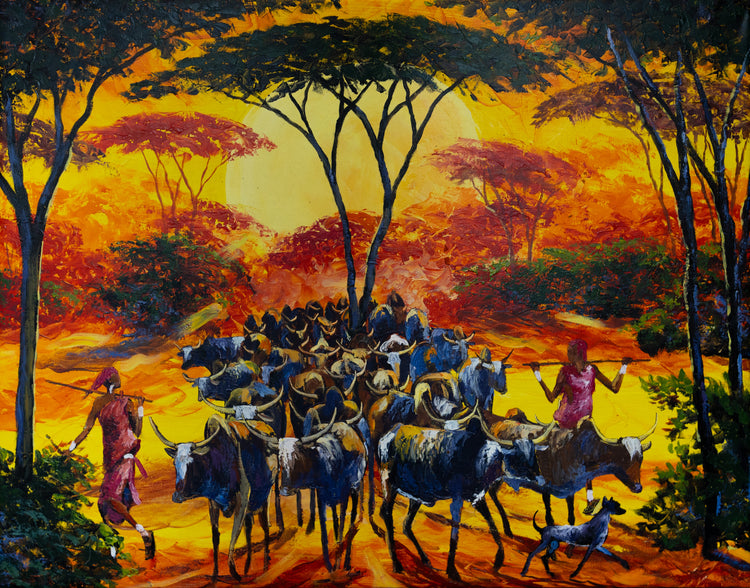 'Massai Herdsmen in The Savannah' Handmaltes Acrylgemälde