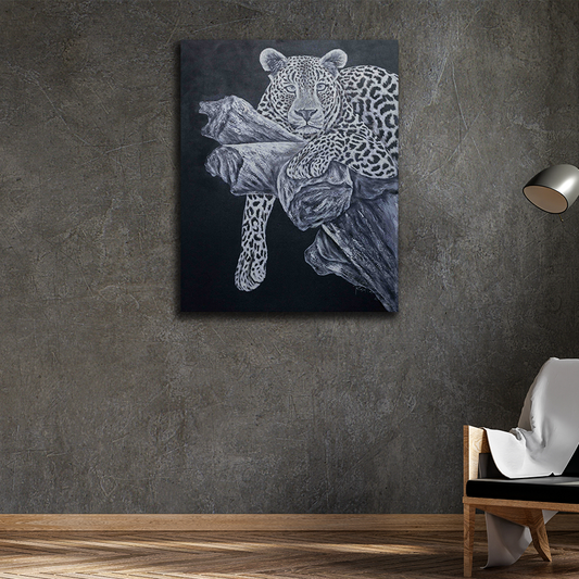 'Leopard on a Tree - black and white' Handgemaltes Acrylgemälde