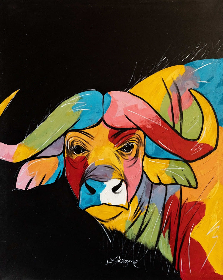 'Colorful Buffalo' Handgemaltes Acrylgemälde