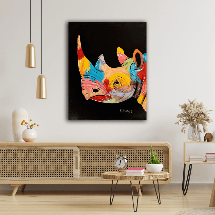 'Colorful Rhino' Handgemaltes Acrylgemälde