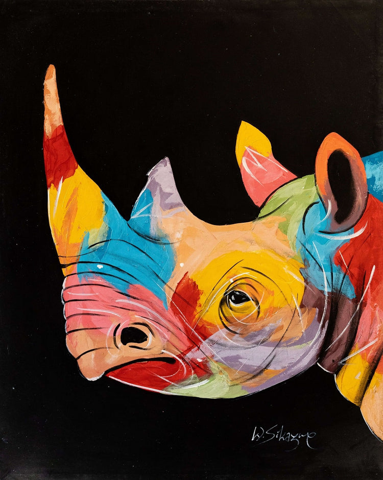 'Colorful Rhino' Handgemaltes Acrylgemälde