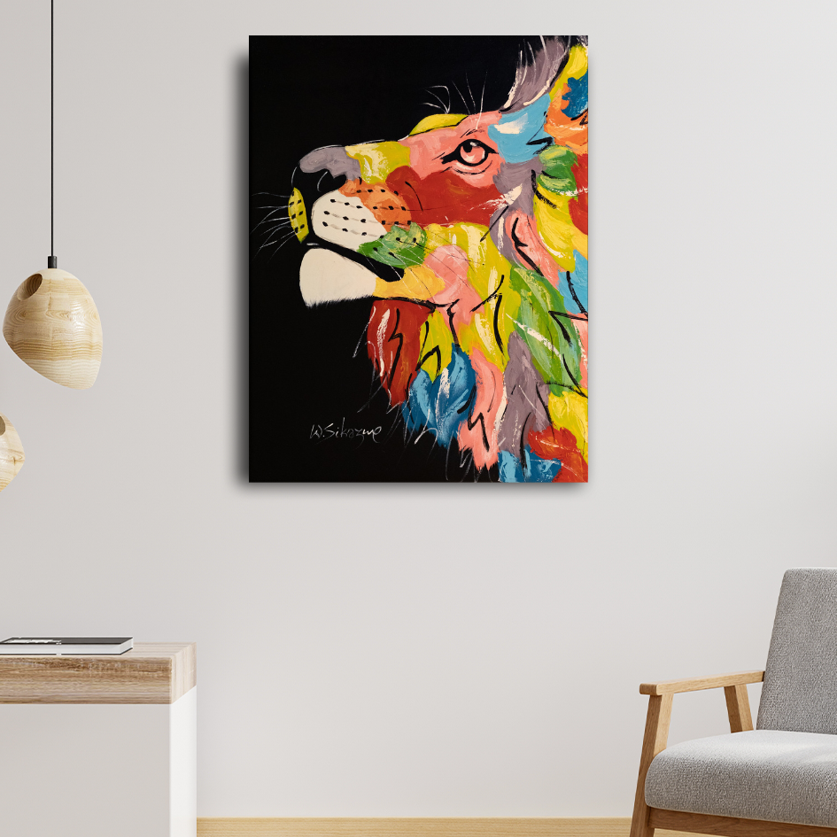 Handmade painting 'Colorful Lion' on the side
