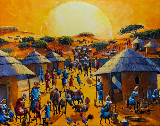 'Sonnenaufgang im Massai Dorf' Handgemaltes Acrylgemälde
