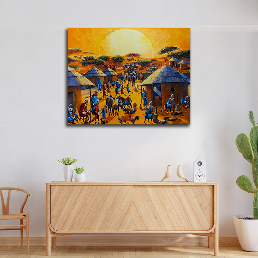 'Sonnenaufgang im Massai Dorf' Handgemaltes Acrylgemälde