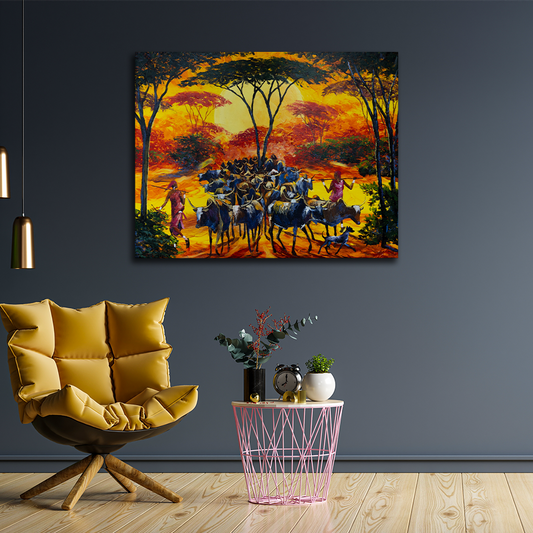'Massai Herdsmen in The Savannah' Handmaltes Acrylgemälde