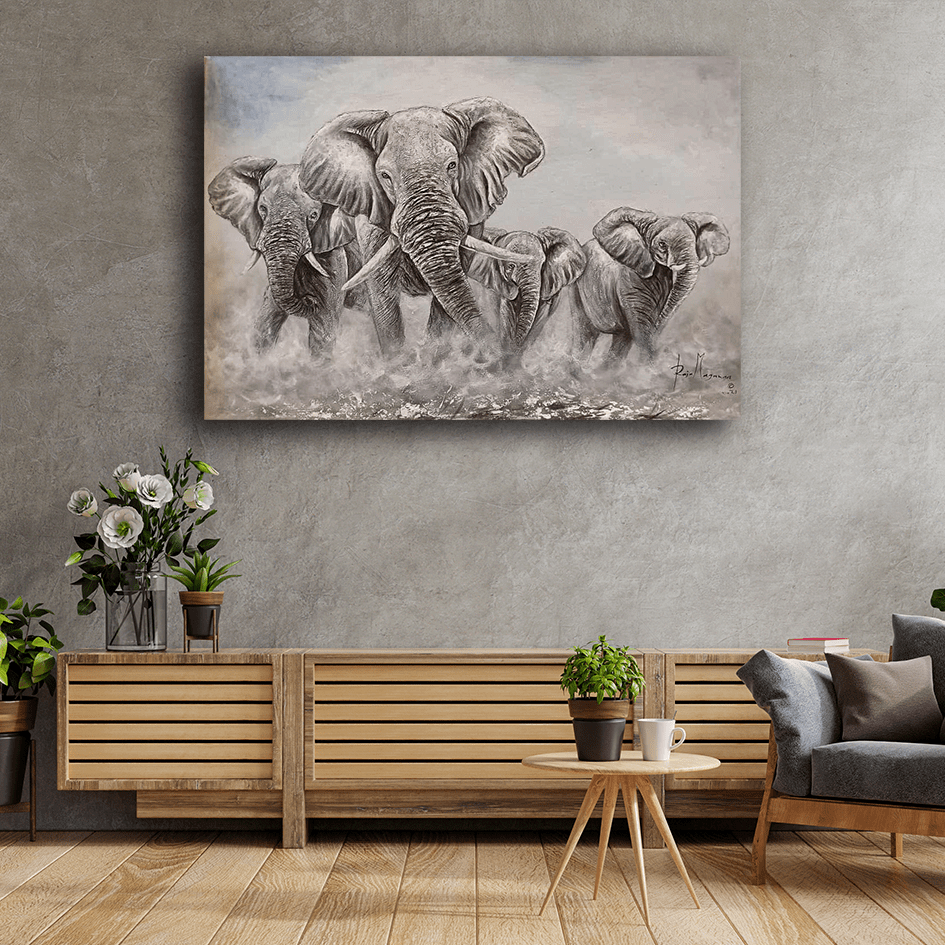 'Elefanten Herde' Handgemaltes Gemälde