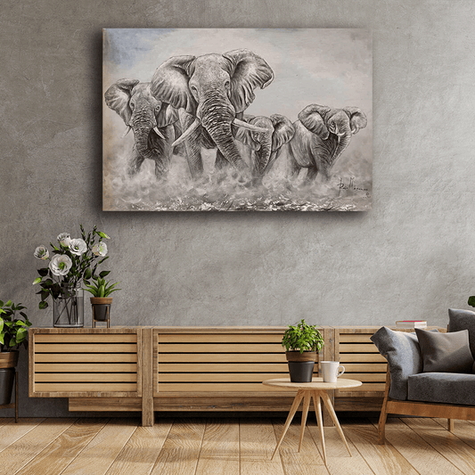 'Elefanten Herde' Handgemaltes Acrylgemälde