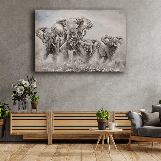 'Elephant Herd' Handgemaltes Acrylgemälde