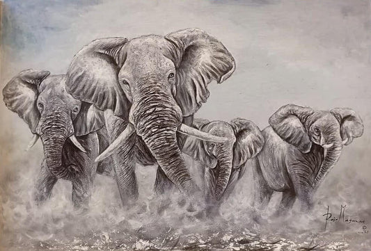 'Elefanten Herde' Handgemaltes Acrylgemälde