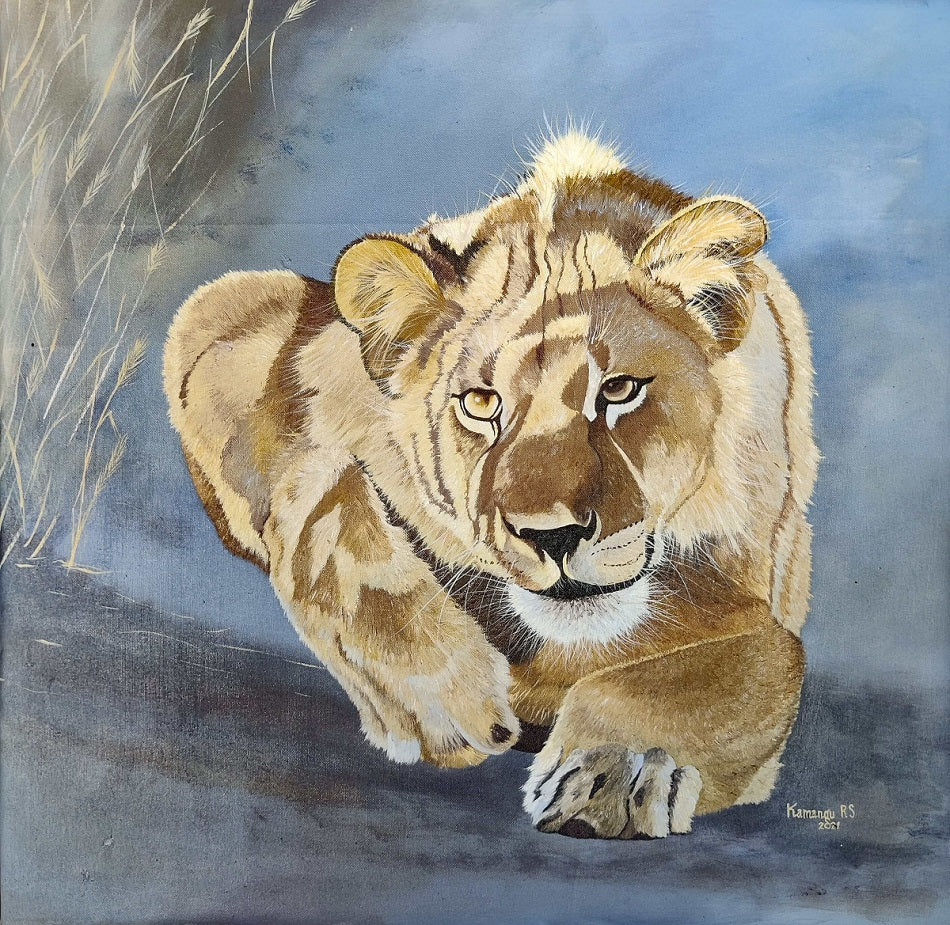 Handmade painting 'Lion on the hunt'