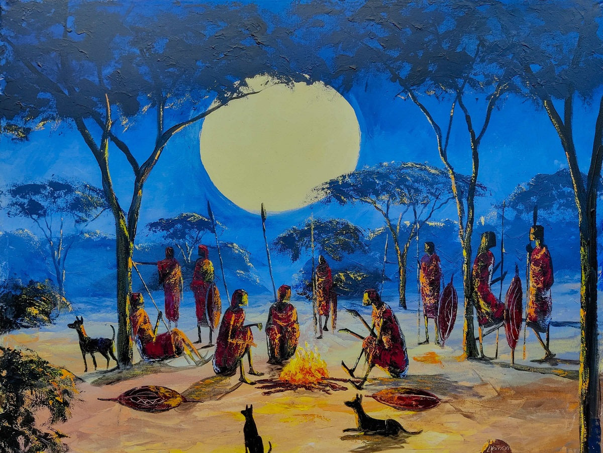 'Massai am Lagerfeuer' Handmaltes Acrylgemälde