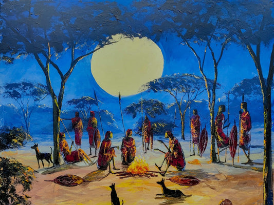 'Massai am Lagerfeuer' Handmaltes Gemälde